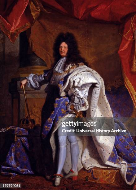 Painting of Louis XIV King of France 1638-1715. By Hyacinthe Rigaud circa 1701. Displayed in the palace of Versailles.