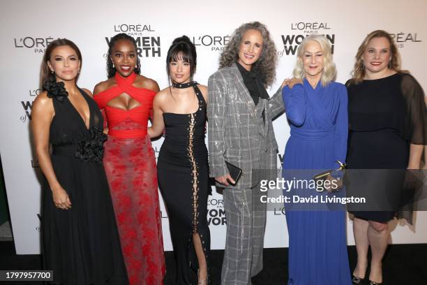 Eva Longoria, Aja Naomi King, Camila Cabello, Andie MacDowell, Helen Mirren, and Ali Goldstein, president, L’Oréal Paris USA attend the 18th annual...