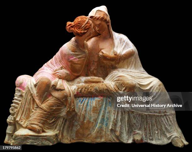 Terracotta group of two seated women, perhaps Demeter and her daughter Persephone.