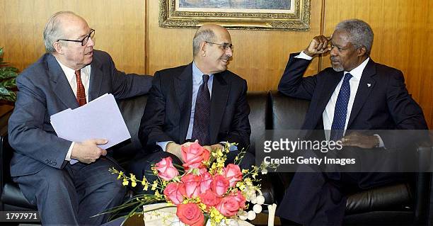 Secretary-General Koffi Anan talks to chief weapons inspectors Hans Blix and Mohammed Elbaradei, director-general of the International Atomic Energy...