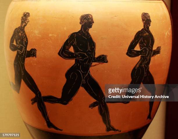 Panathenaic prize-amphora with three runners. Three nude athletes compete in a foot-race.