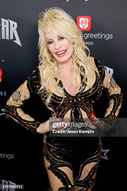 Dolly Parton attends Dolly Parton's Rockstar VIP Album Release Party with American Greetings on November 16, 2023 in Nashville, Tennessee.