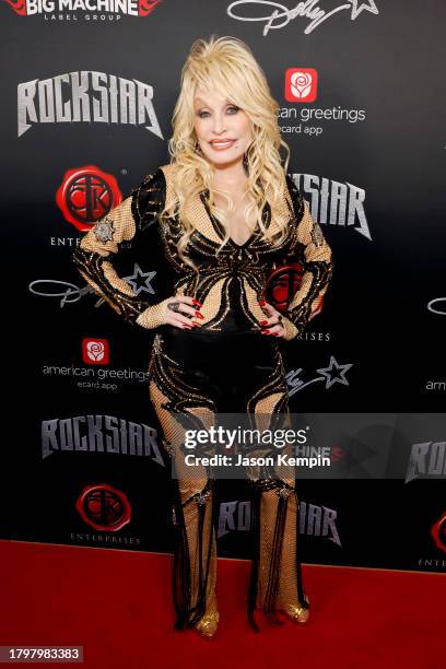 Dolly Parton attends Dolly Parton's Rockstar VIP Album Release Party with American Greetings on November 16, 2023 in Nashville, Tennessee.