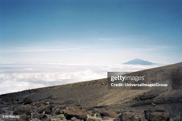 Africa, Tanzania, Mount Meru from above and showing the Mweka Route near Barafu Hut on Mount Kilimanjaro,.