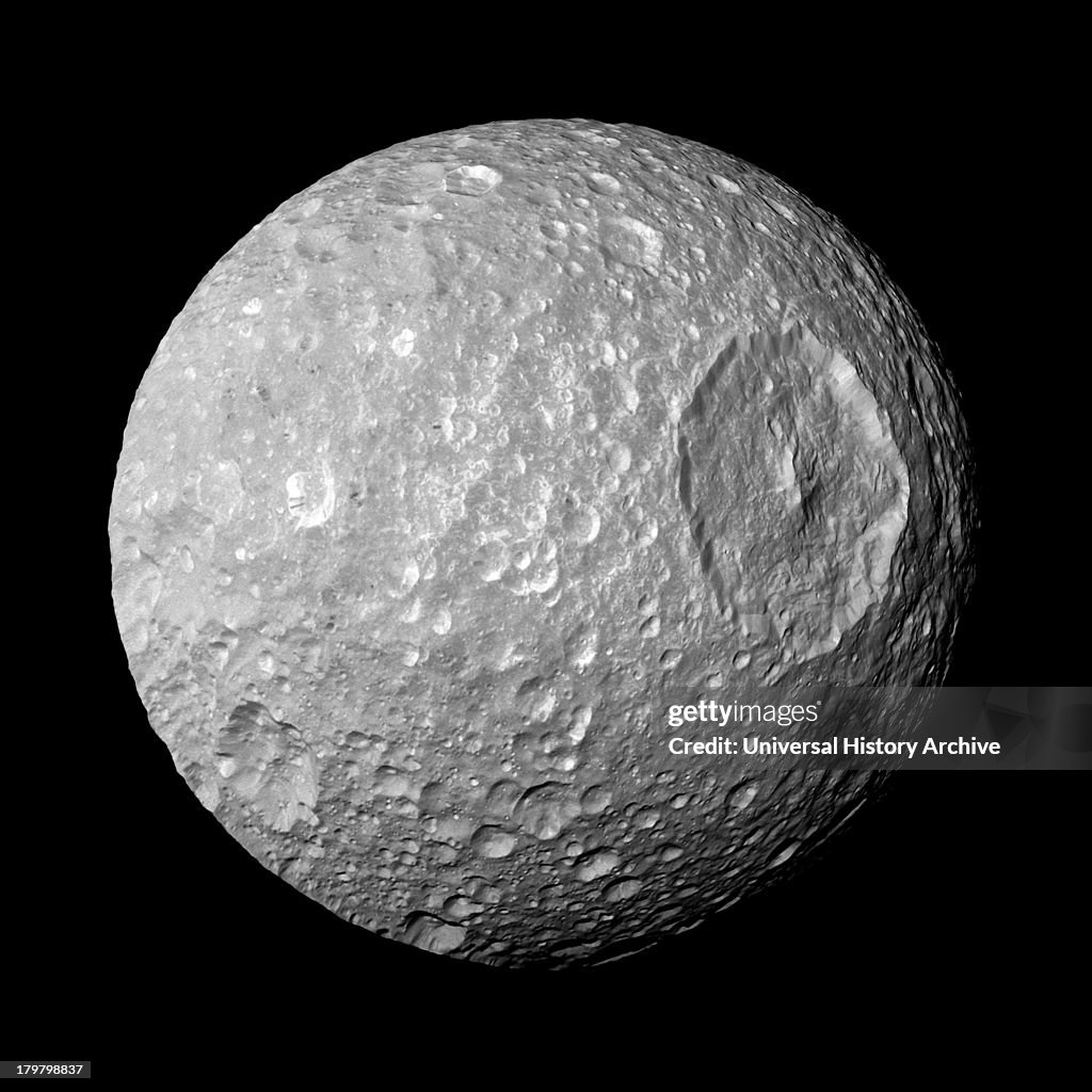 Saturn's moon Mimas. The large Herschel Crater dominates Mimas. Cassini.