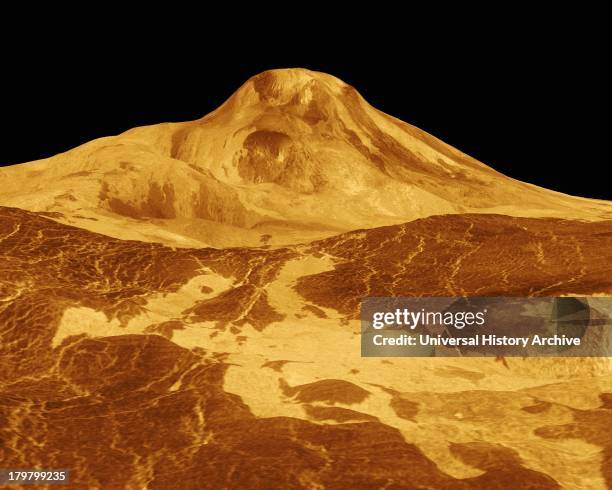 Maat Mons is displayed in this three-dimensional perspective view of the surface of Venus. Magellan.