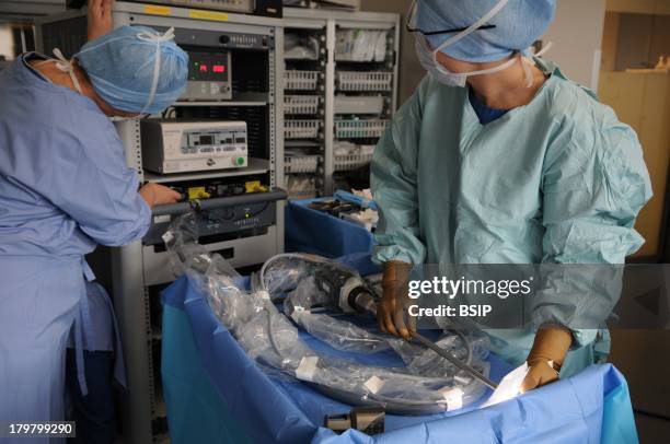 Robot-Assisted Surgery, Lyon hospital Department of urology. Prostatectomy using a robotic surgical system, Da Vinci Surgical System made by...