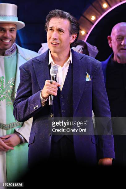 Josh Rhodes speaks during "Spamalot" Opening Night curtain call at St. James Theatre on November 16, 2023 in New York City.