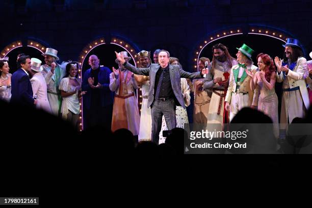 Eric Idle and cast members take part in the curtain call during "Spamalot" Opening Night at St. James Theatre on November 16, 2023 in New York City.