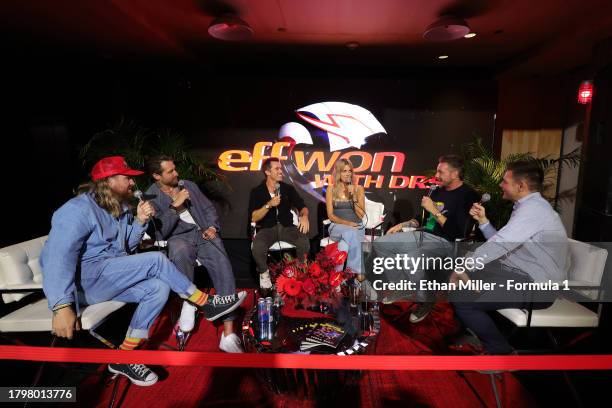 Matthew Collins, Charlie Curtis, Rob McElhenney, Kaitlin Olson, Dax Shepard and Jethro Bovingdon record an episode of the "eff won with DRS" podcast...