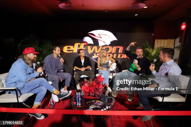 Matthew Collins, Charlie Curtis, Rob McElhenney, Kaitlin Olson, Dax Shepard and Jethro Bovingdon record an episode of the "eff won with DRS" podcast...