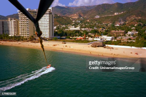 North America, Mexico, Guerrero, Acapulco, Condessa Beach from parasailing over Acapulco Bay.