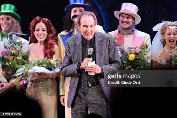 Eric Idle speaks during "Spamalot" Opening Night curtain call at St. James Theatre on November 16, 2023 in New York City.
