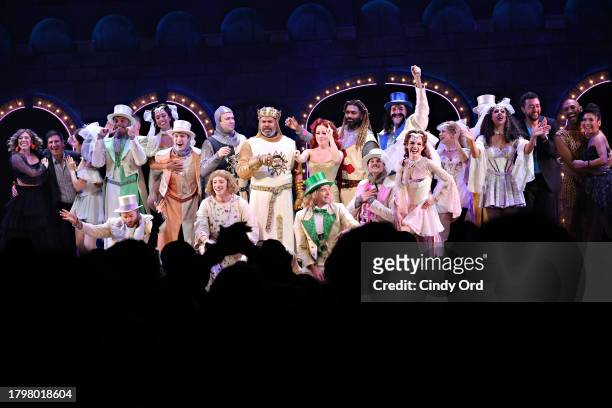 Cast members take part in the curtain call during "Spamalot" Opening Night at St. James Theatre on November 16, 2023 in New York City.