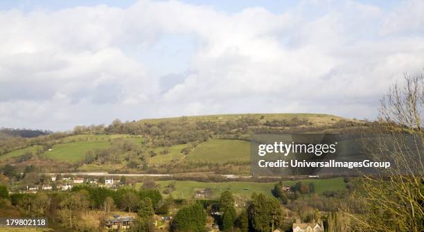 Flat top of Solsbury Hill Iron Age hill fort near Bath, Somerset, England.