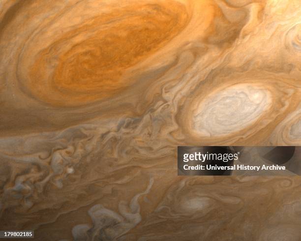 This photo of Jupiter was taken by Voyager 1 on the evening of March 1, 1979. The photo shows Jupiter's Great Red Spot and one of the white ovals...