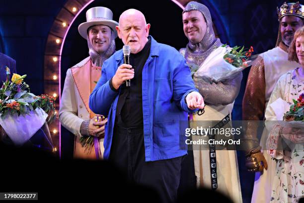John Du Prez speaks during "Spamalot" Opening Night curtain call at St. James Theatre on November 16, 2023 in New York City.