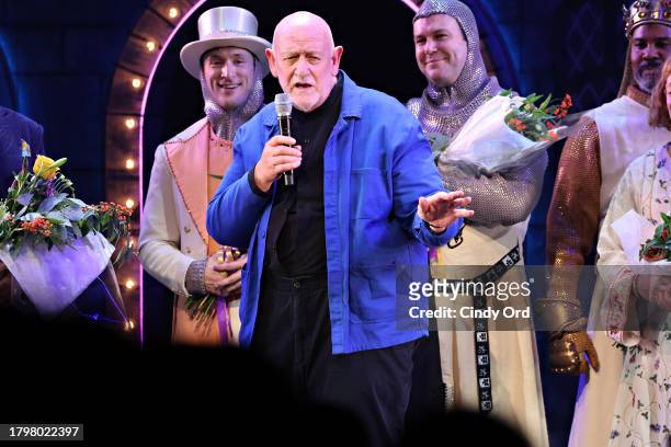 John Du Prez speaks during "Spamalot" Opening Night curtain call at St. James Theatre on November 16, 2023 in New York City.