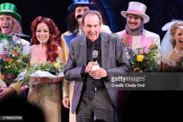 Eric Idle speaks during "Spamalot" Opening Night curtain call at St. James Theatre on November 16, 2023 in New York City.