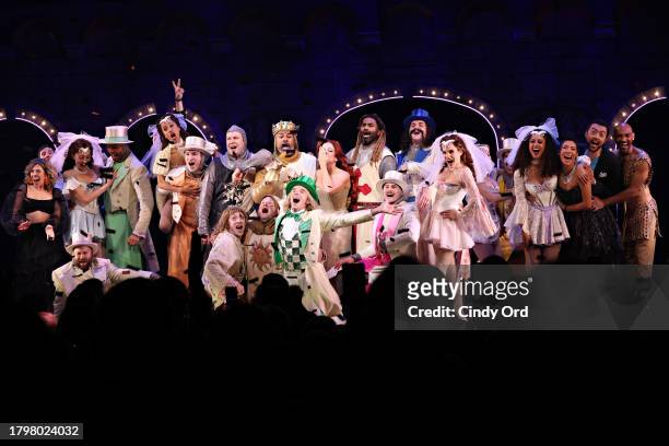 Cast members take part in the curtain call during "Spamalot" Opening Night at St. James Theatre on November 16, 2023 in New York City.