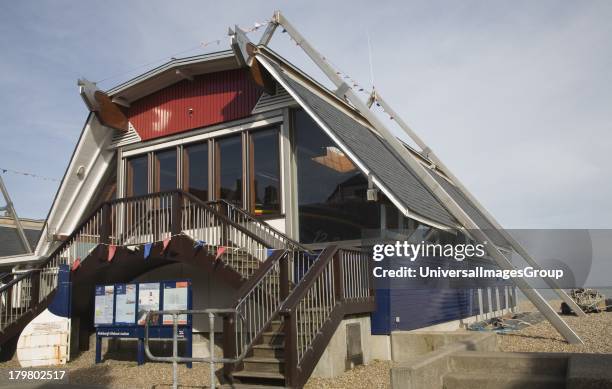 Lifeboat station building on the beach at Aldeburgh, Suffolk, England.