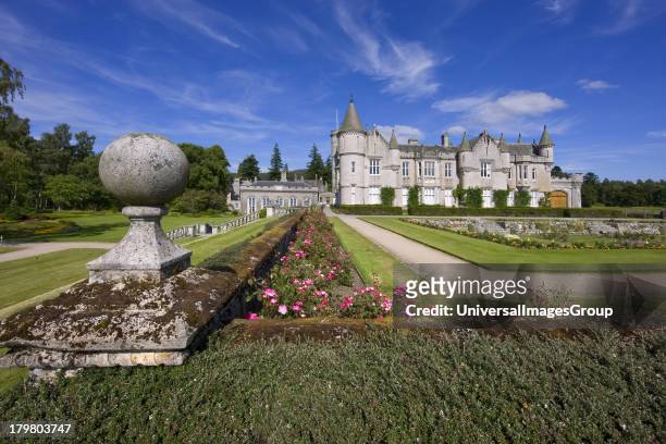 Balmoral Castle from walled garden, residence of the British Royal Family since 1852, Aberdeenshire, Scotland, United Kingdom.