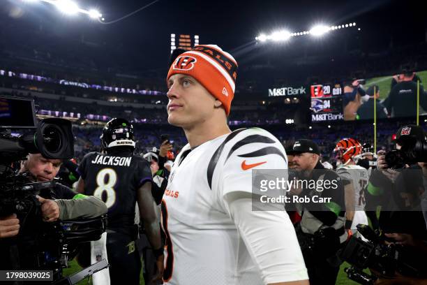 Joe Burrow of the Cincinnati Bengals walks off the field following the Bengals loss to the Baltimore Ravens at M&T Bank Stadium on November 16, 2023...
