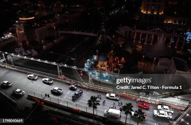 General view of the track as an area of track surrounding a drain is repaired as seen from the McLaren VISTA during practice ahead of the F1 Grand...