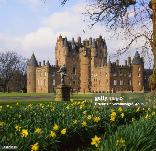 Springtime view of Glamis Castle from grounds, Glamis, Angus, Scotland, United Kingdom.