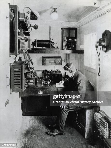 Typical wireless telegraph cabin on board a ship in 1912.