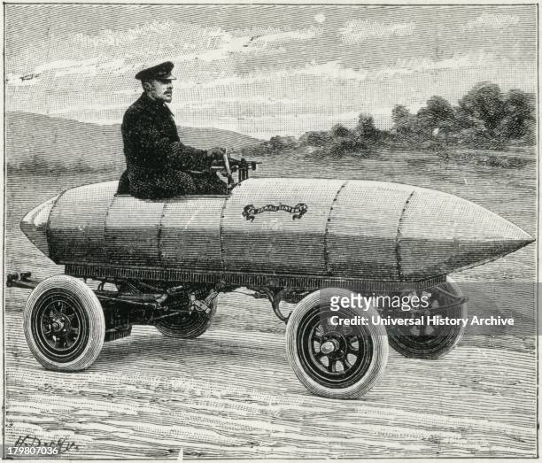 Camille Jenatzy in his aluminium battery-driven electric car 'La Jamais Contente', 1899.