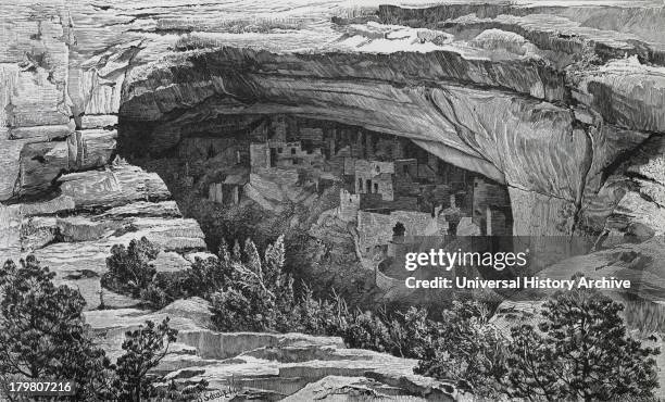 Cliff Palace, Meso Verde National Park, Colorado, USA,built by Pueblo Peoples in 12th and 13th centuries. 19th century engraving.