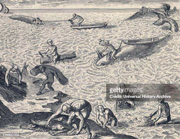 Caribbean Indians whaling. After early 17th century copperplate engraving.