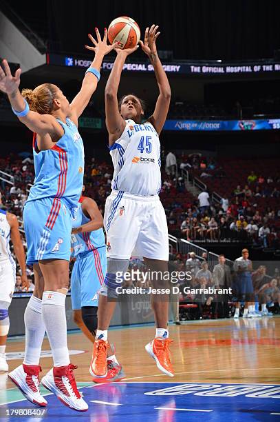 Kara Braxton of the New York Liberty shoots against the Atlanta Dream during the game on September 6, 2013 at Prudential Center in Newark, New...