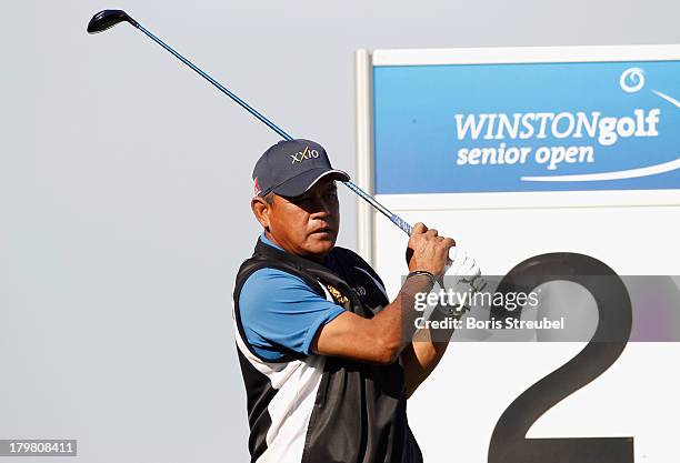 Boonchu Ruangkit of Thailand hits a drive from the second tee during the second round on day two of the WINSTONgolf Senior Open played at WINSTONgolf...