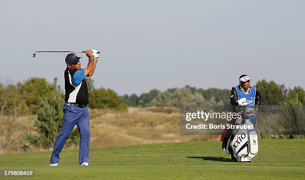 Boonchu Ruangkit of Thailand in action during the second round on day two of the WINSTONgolf Senior Open played at WINSTONgolf on September 7, 2013...