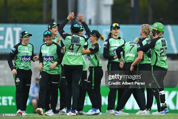 Melbourne Stars celebrate a wicket during the WBBL match between Melbourne Stars and Hobart Hurricanes at Allan Border Field, on November 17 in...