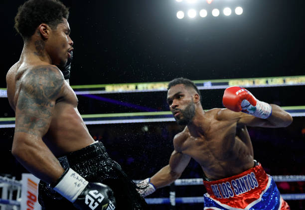 Shakur Stevenson avoids an attack by Edwin De Los Santos during a fight for a vacant WBC lightweight title on November 16, 2023 in Las Vegas, Nevada....