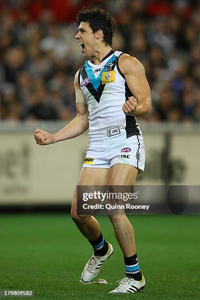 Angus Monfries of the Power celebrates kicking a goal during the Second AFL Elimination Final match between the Collingwood Magpies and the Port...