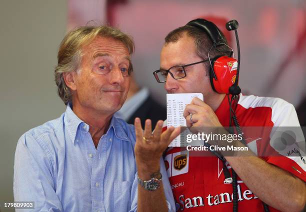 Ferrari Chairman Luca Cordero di Montezemolo talks with Ferrari Team Principal Stefano Domenicali during the final practice session before qualifying...