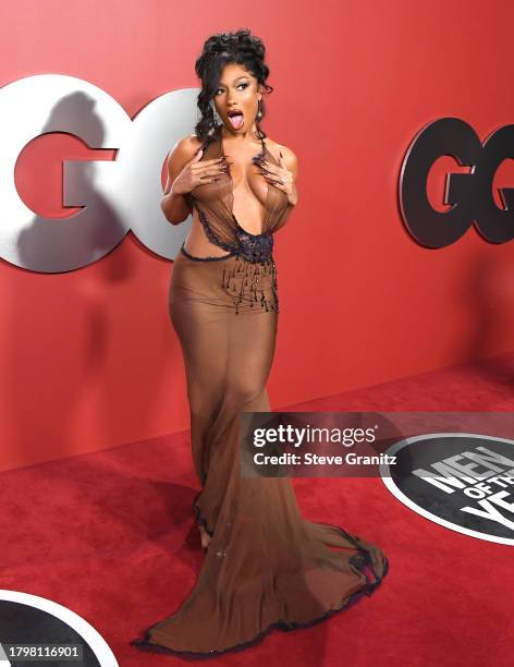 Megan Thee Stallion arrives at the 2023 GQ Men Of The Year at Bar Marmont on November 16, 2023 in Los Angeles, California.