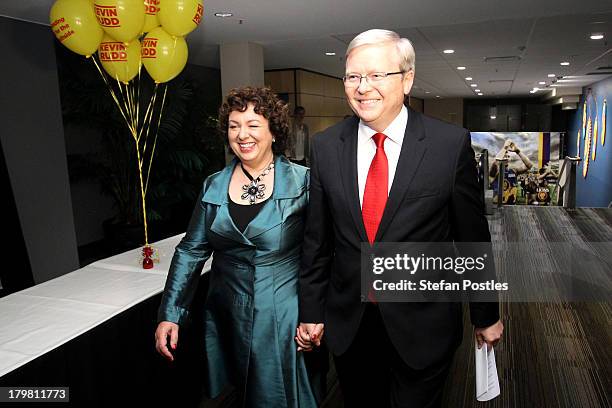 Australian Labor Party Leader, Kevin Rudd and his wife Therese Rein arrive at The Gabba on September 7, 2013 in Brisbane, Australia. Liberal-National...