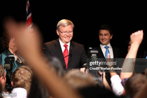 Australian Labor Party Leader, Kevin Rudd speaks to supporters on stage as he concedes defeat in the 2013 Australian election, at The Gabba on...
