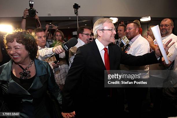 Australian Labor Party Leader, Kevin Rudd and his wife Therese Rein arrive at The Gabba on September 7, 2013 in Brisbane, Australia. Liberal-National...