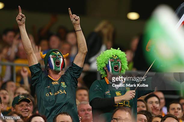 Springboks supporter celebrate during The Rugby Championship match between the Australian Wallabies and the South African Springboks at Suncorp...