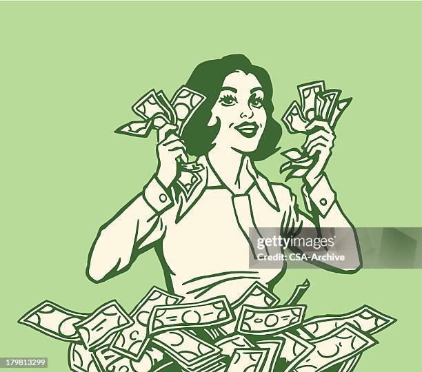 happy woman with lots of cash - banknote illustration stock illustrations