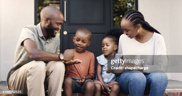 black family, smile and rock, paper and scissors at home, having fun and bonding, care and love. mother, father and happy kids play hand game, excited children and parents at house or veranda outdoor - family decisions stock pictures, royalty-free photos & images