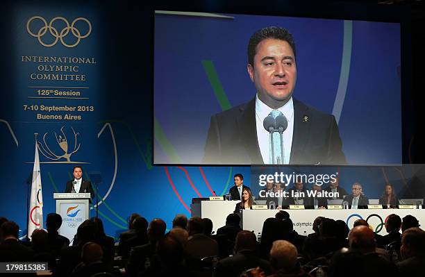 Deputy Prime Minister of Turkey, Ali Babacan speaks during the Istanbul 2020 bid presentation during the 125th IOC Session - 2020 Olympics Host City...