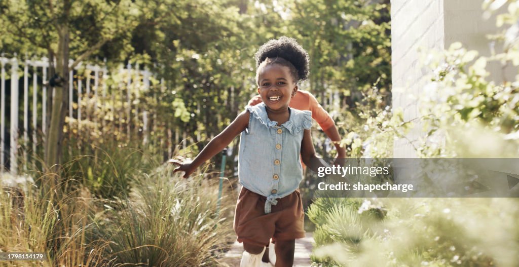Portrait, happy black children running in garden and play game together outdoor at home. African kids in backyard, excited and race or brother chase sister, bonding and smile for freedom in summer