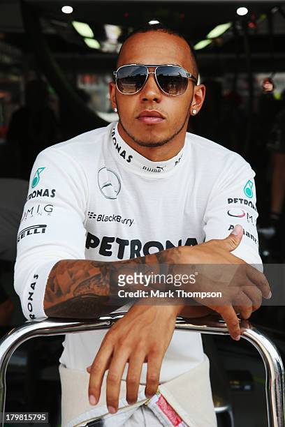 Lewis Hamilton of Great Britain and Mercedes GP prepares to drive during qualifying for the Italian Formula One Grand Prix at Autodromo di Monza on...